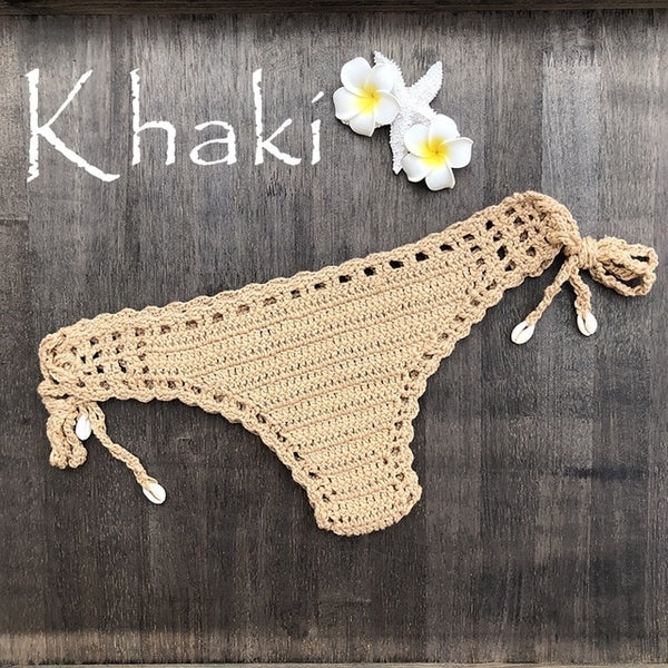 Women Sport Sexy Bikini Thong Handmade Crochet Swimwear Bikini Bottom Hollow-out Low Waist Bathing Suit