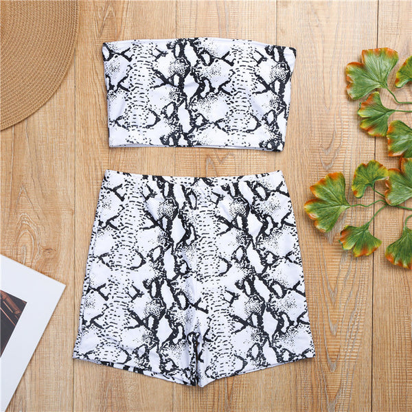 Women's Clothing Summer Sleeveless Snake Print Crop Top Tube Shorts 2PCs Set Swimwear Beach Clothing 2019 Ladies Women Bikini