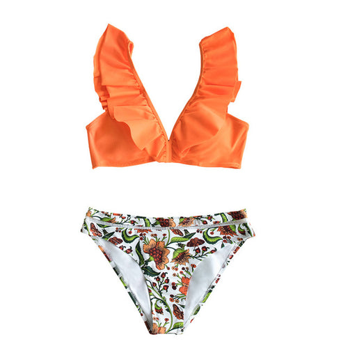 CUPSHE Orange Ruffle Bikini Sets With Floral Bottom Sexy Swimsuit Two Pieces Swimwear Women 2020 Beach Bathing Suit Biquinis